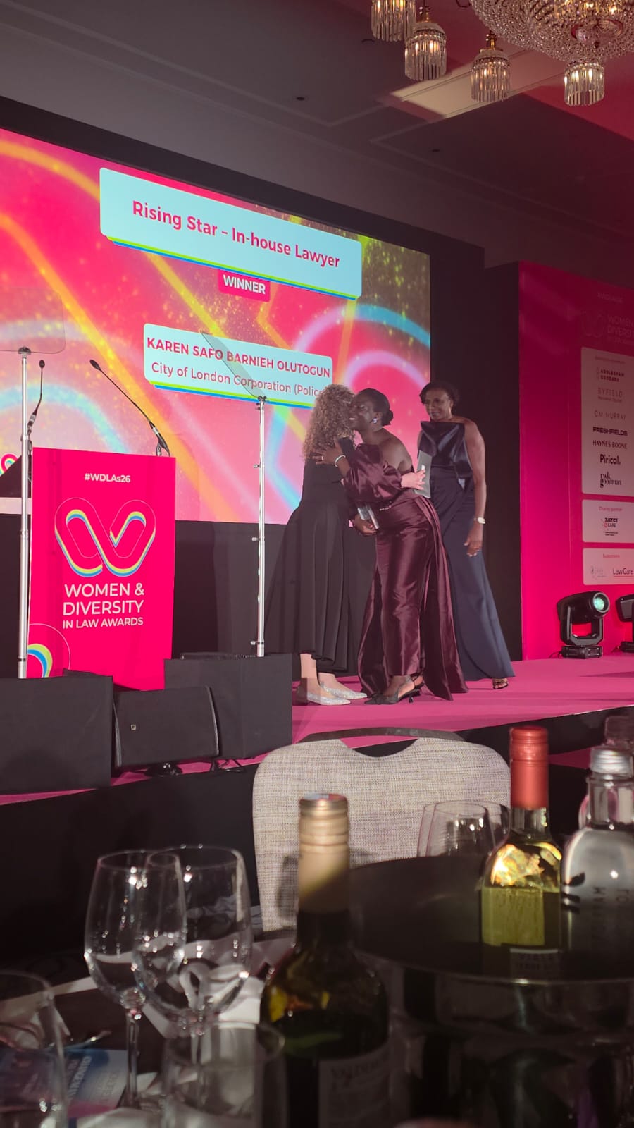 Karen Safo-Barnieh accepting the Rising Star award on stage at the Women and Diversity in Law Awards 2026
